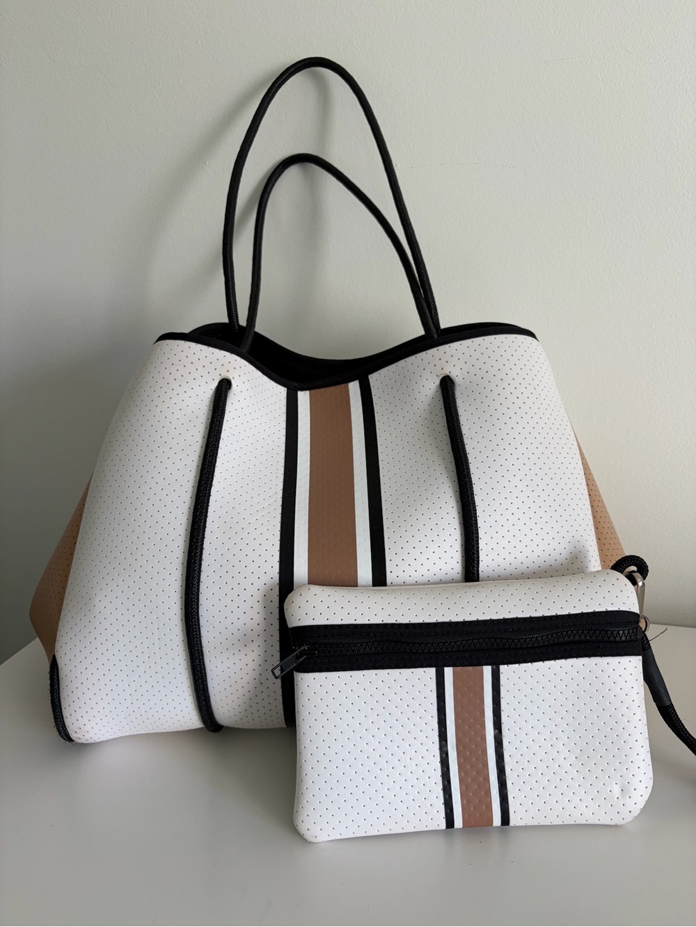 Haute Shore White and Tan Striped Neoprene Tote with Pouch